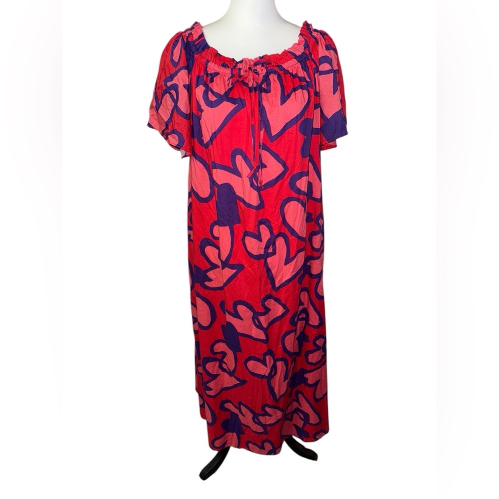Farm Rio Anthropologie Amore Maxi Dress Off Shoulders Hearts Print Medium